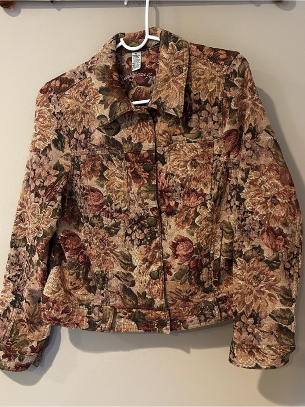Caribbean Joe Floral Tapestry Jean Jacket in Cream, Brown & Green